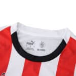 Close-up of the PSV Eindhoven 2025/26 home fan jersey collar with red and white stripes and Puma logo.