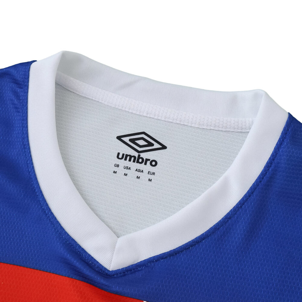Close-up of the collar and chest area of the Rangers Away 2025/26 Fan Version jersey by Umbro.