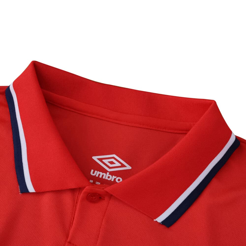 Close-up of the red Rangers Third 2025/26 fan version jersey collar with white and navy trim.