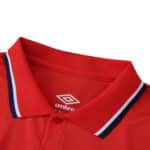 Close-up of the red Rangers Third 2025/26 fan version jersey collar with white and navy trim.