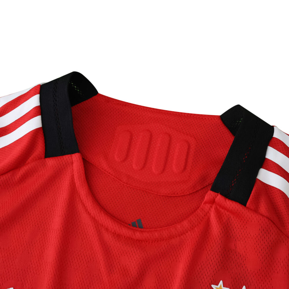 Close-up of SL Benfica 2025/26 Home Player Version jersey collar with red fabric and white shoulder stripes.