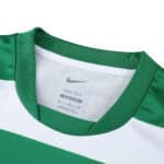 Close-up of the collar and neckline of Sporting CP Home 2025/26 Fan Version jersey showing green and white stripes.