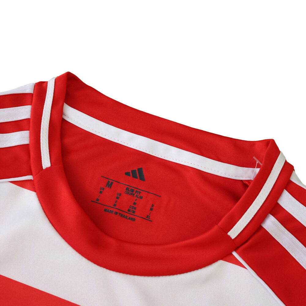 Close-up of the collar and shoulder detail on the Union Berlin 2025/26 home fan jersey, featuring red and white colors.