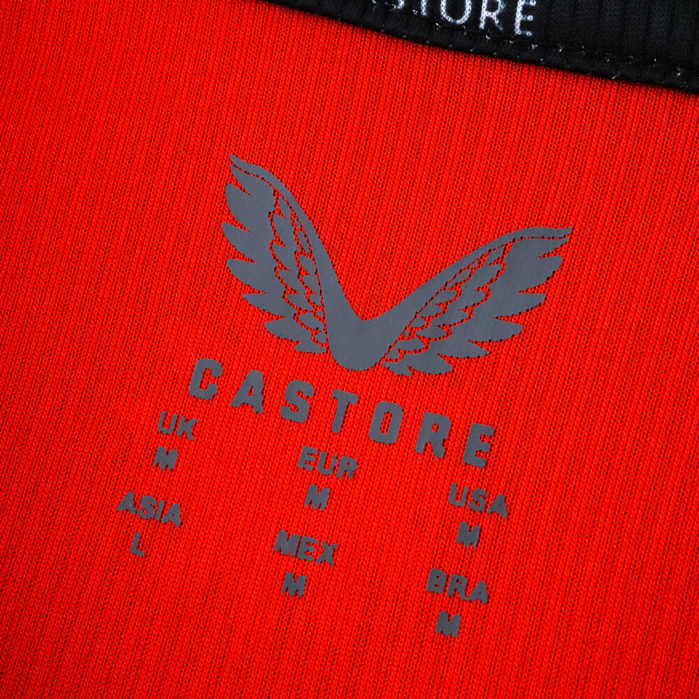 Close-up of Castore logo and size chart inside the Athletic Bilbao 2025/26 Home Fan Version jersey.