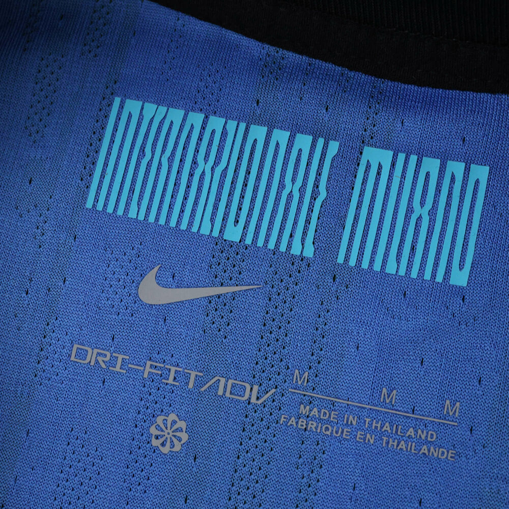 Close-up of Inter Milan 2025/26 Home Player Version jersey, blue fabric with "Internazionale Milano" text.