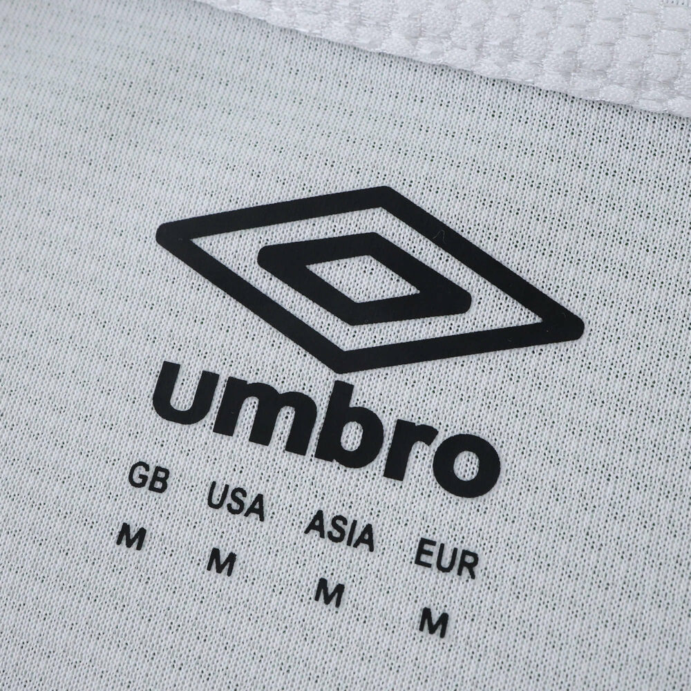 Close-up of Umbro logo and size chart on the Rangers Away 2025/26 Fan Version jersey fabric.