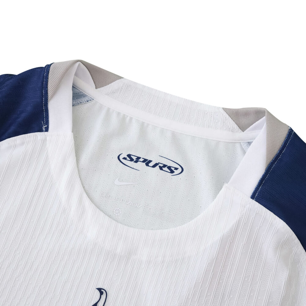 Close-up of the collar and upper chest of the Tottenham Hotspur 2025/26 Home Player Version jersey.