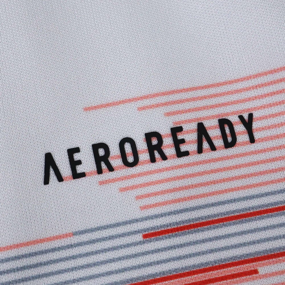 Close-up of "AEROREADY" text on the 2025/26 Bayern Munich Away Fan Version jersey fabric.
