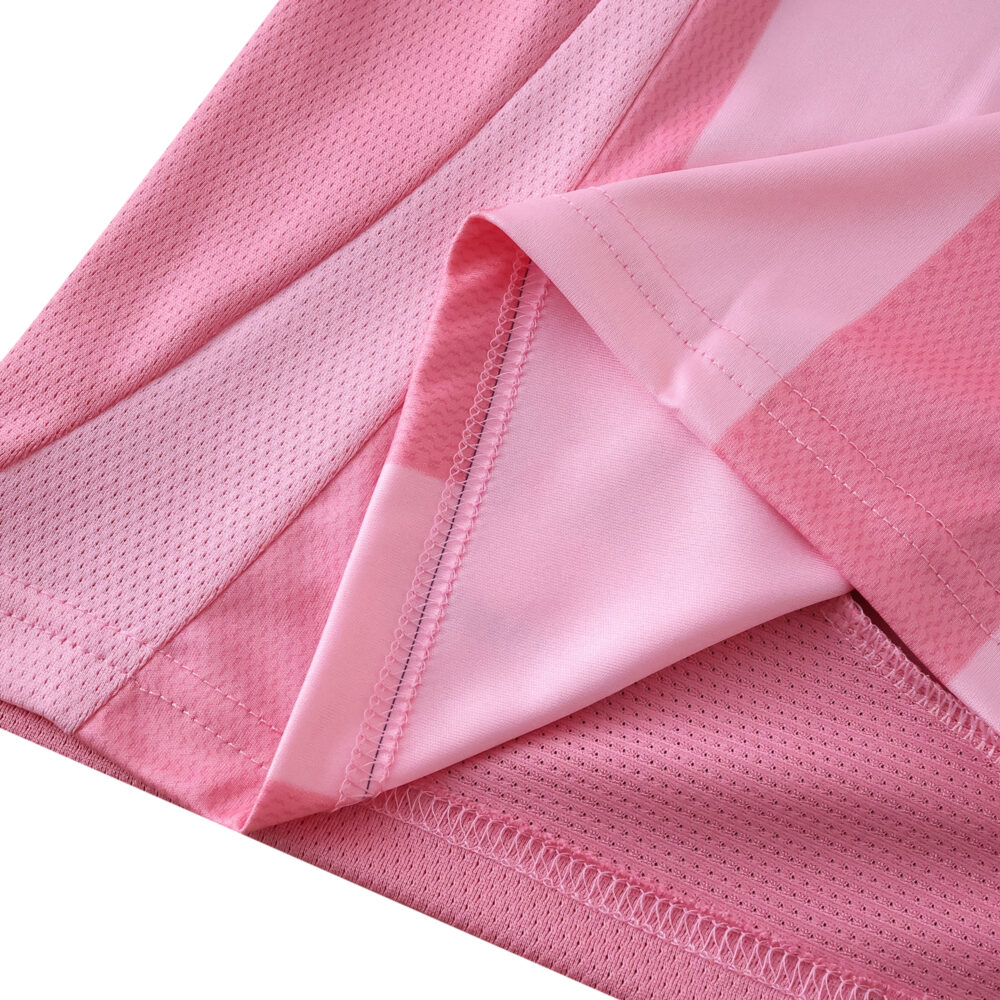 Close-up of the pink Inter Miami CF 2025/26 Home Fan Version jersey fabric and stitching detail.