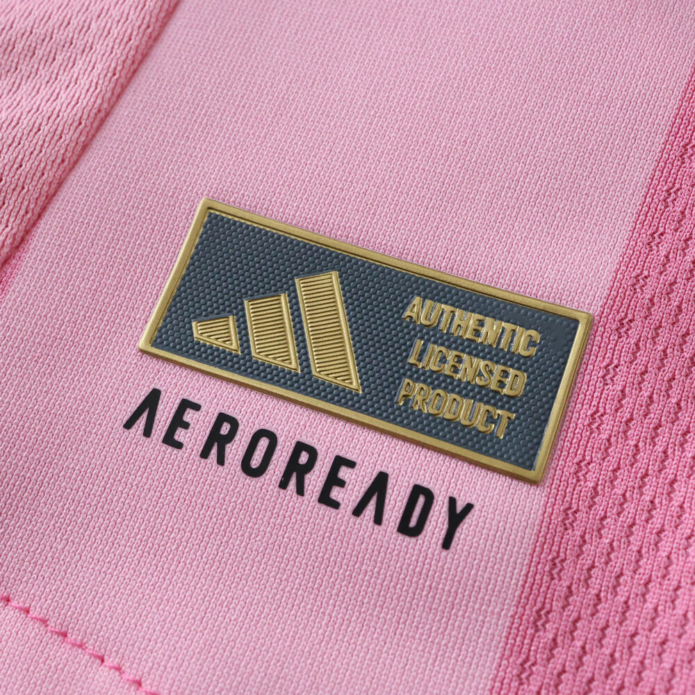 Close-up of Inter Miami CF 2025/26 Home Player Version jersey fabric with Adidas Authentic Licensed Product badge.