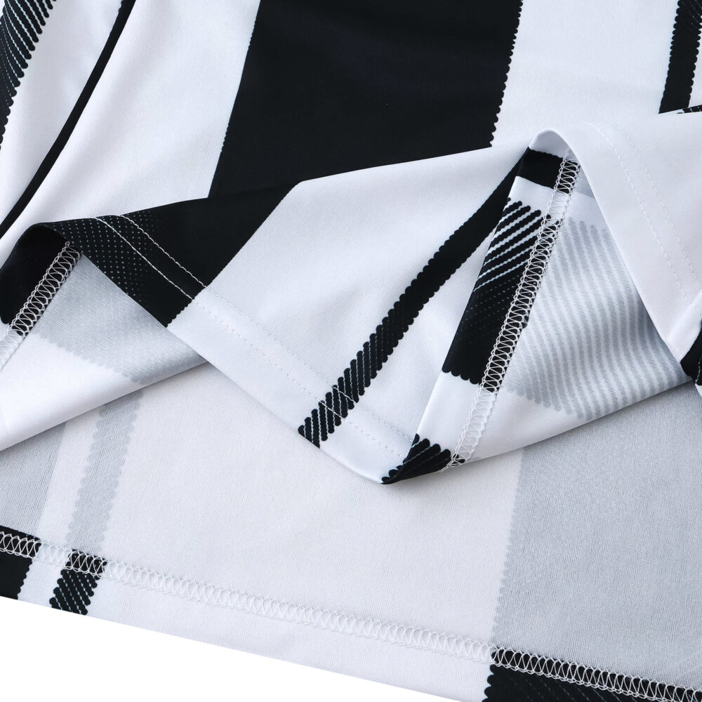 Close-up of the Juventus 2025/26 Home Fan Version jersey fabric featuring black and white stripes.