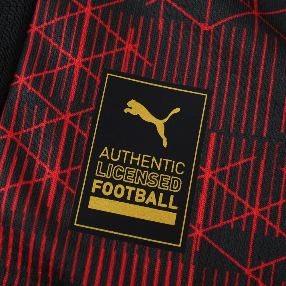 Close-up of the RB Leipzig 2025/26 third fan jersey with Puma's "Authentic Licensed Football" badge.