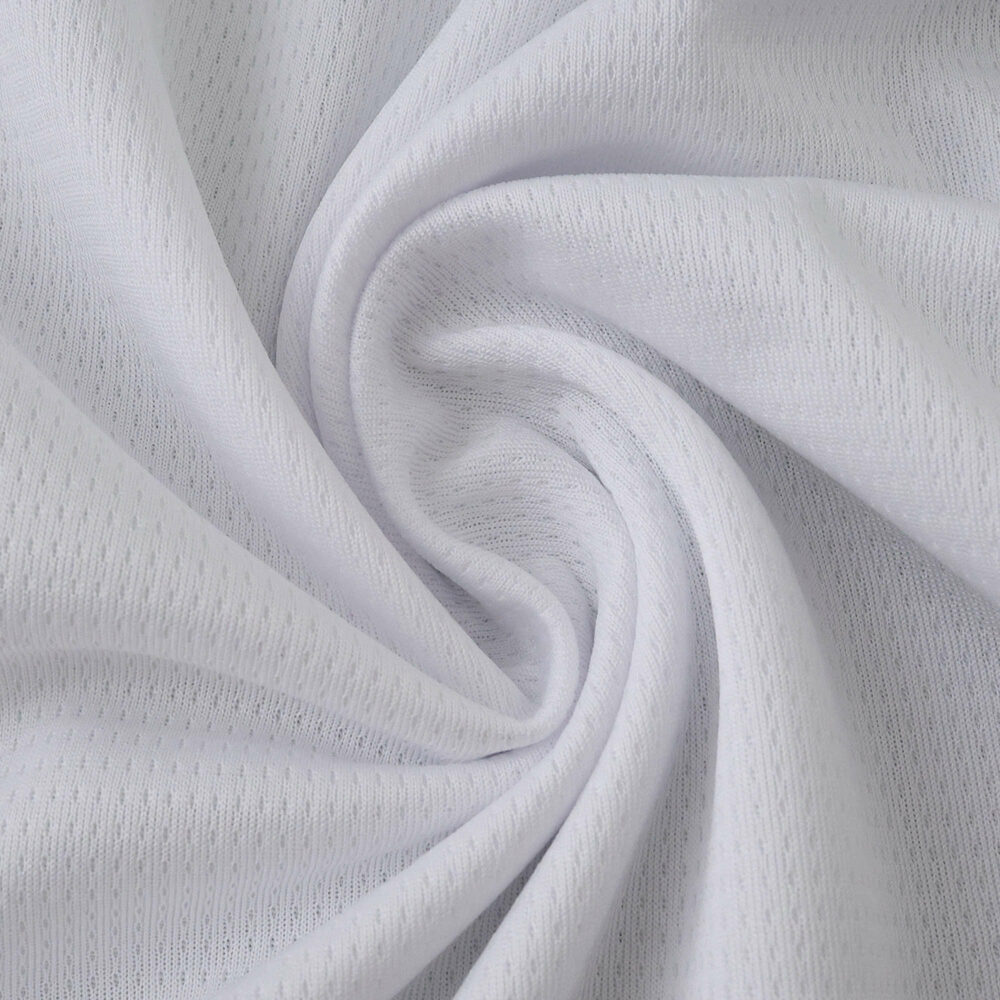 Close-up of white Borussia Monchengladbach 2025/26 fan jersey fabric showing texture and quality.