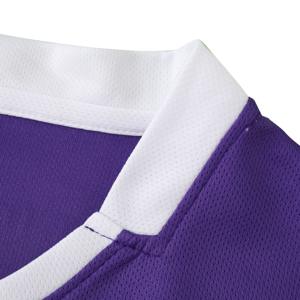 Close-up of Fiorentina Home 2025/26 Fan Version jersey collar in purple with a white trim.