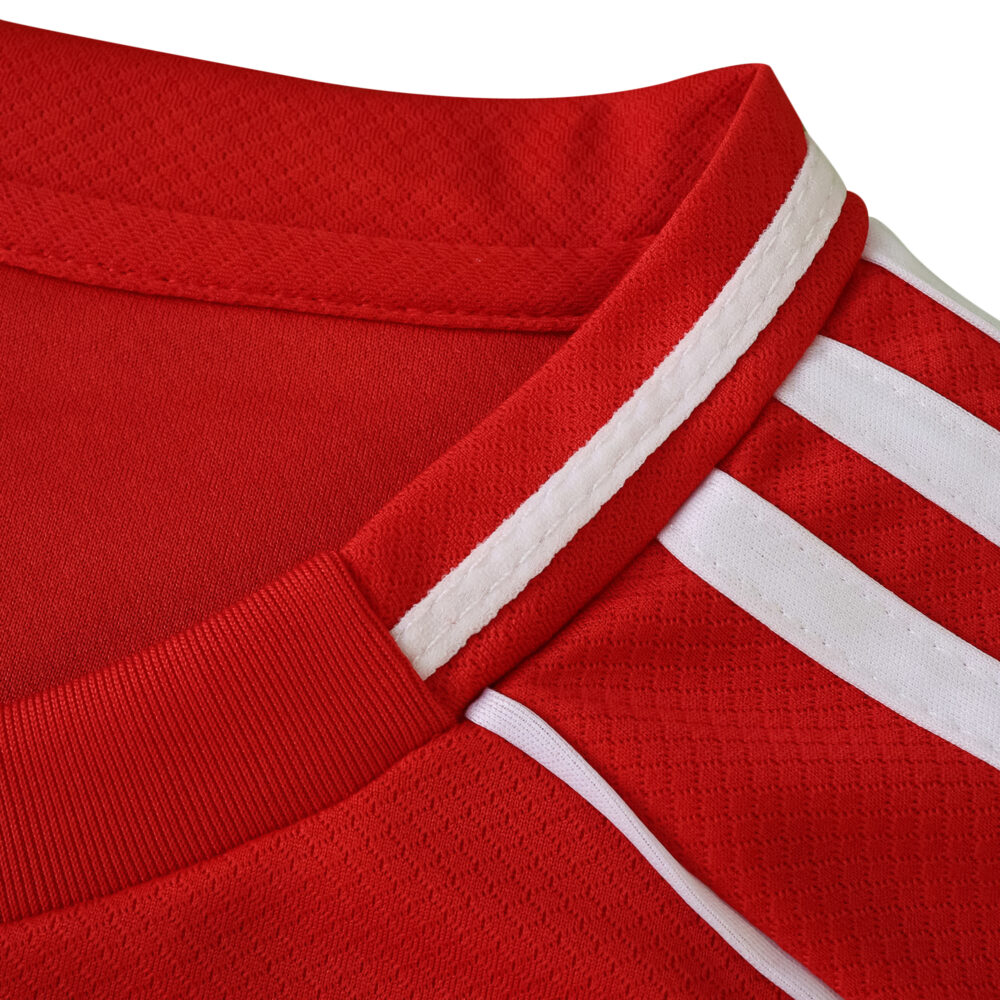 Close-up of the collar and shoulder area of the Liverpool Home 2025/26 Fan Version jersey.