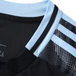 Close-up of Aston Villa Away 2025/26 Fan Version collar and shoulder with light blue and black details.