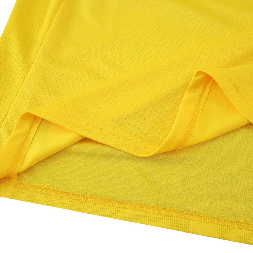 Close-up of yellow Borussia Dortmund Home 2025/26 Fan Version jersey fabric and stitching details.