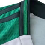 Close-up of the collar detail on the Celtic Home 2025/26 Fan Version jersey, featuring green and white colors.