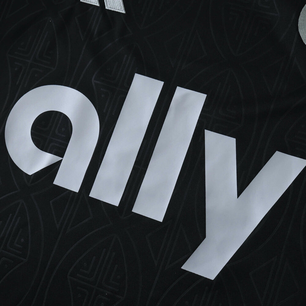 Close-up of the Charlotte FC Away 2025/26 Fan Version jersey with "ally" sponsor logo.