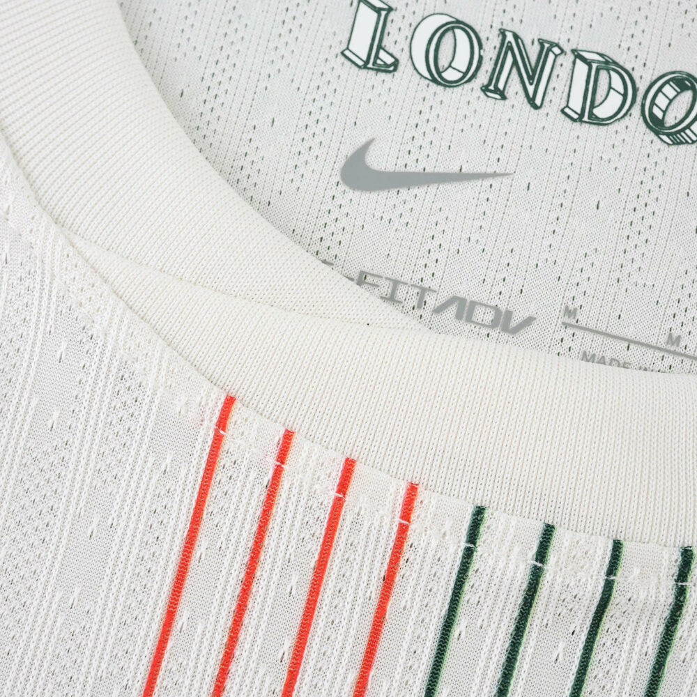 Close-up of the 2025/26 Chelsea Away Player Version collar with "LONDON" and Nike logo detail.