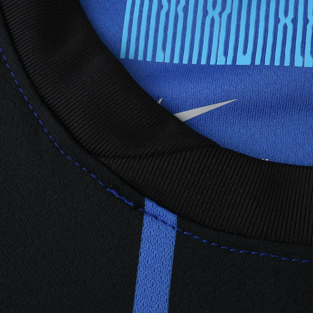 Close-up of Inter Milan Home 2025/26 Fan Version jersey collar with blue stripes and Nike logo visible.