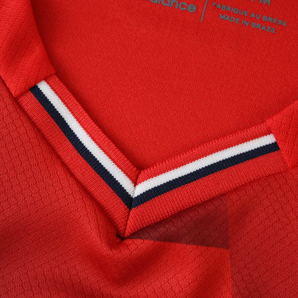 Close-up of Lille LOSC 2025/26 Home Fan Version jersey collar with red, white, and navy trim.