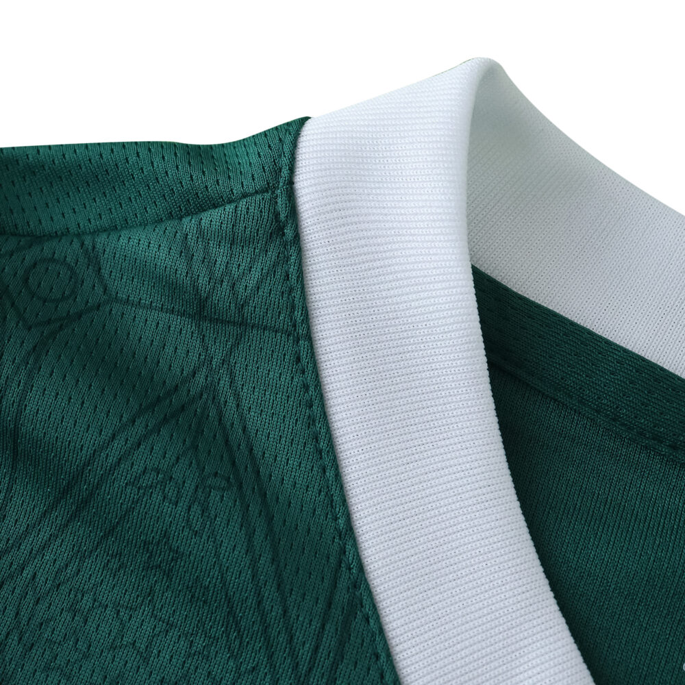 Close-up of Palmeiras 2025/26 home jersey collar, featuring green fabric with a white ribbed neckline.