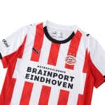 PSV Eindhoven 2025/26 home fan jersey with red and white stripes, Puma logo, and sponsor branding.
