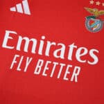 Close-up of SL Benfica 2025/26 home fan jersey showing club crest, sponsor logo, and Adidas branding.