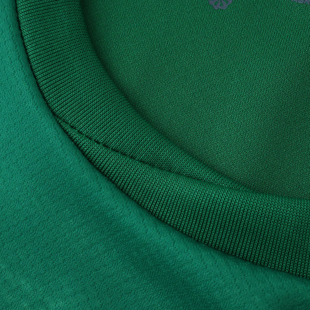 Close-up of the green collar detail on the VfL Wolfsburg 2025/26 Home Fan Version jersey.