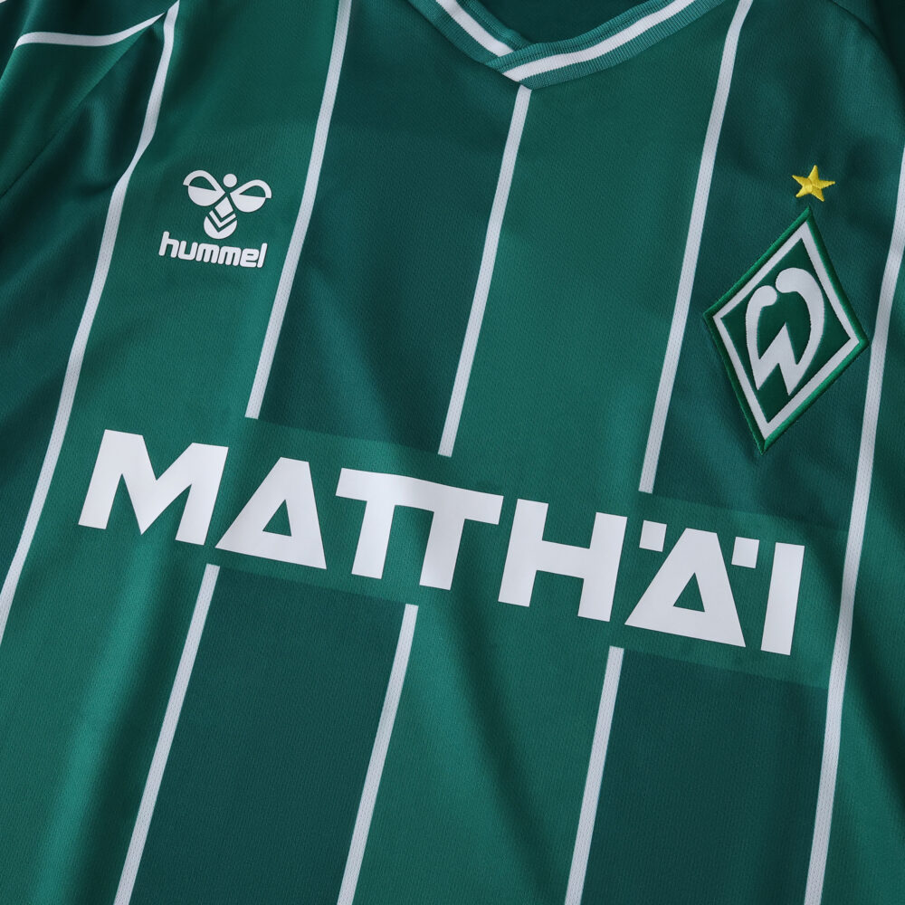 Werder Bremen 2025/26 fan home jersey in green with white stripes, sponsor and club crest on chest.