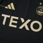 Close-up of Aberdeen Away 2025/26 Fan Version jersey showing club badge, adidas logo, and TEXO sponsor.