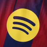 Close-up of the Barcelona 2025/26 Home Player Version jersey with Spotify sponsor logo.