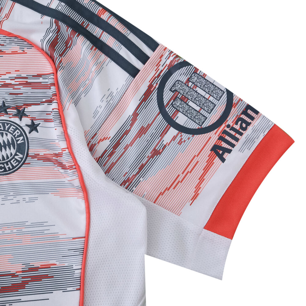 Detail of the Bayern Munich 2025/26 away fan jersey sleeve with club logo and Allianz sponsor.