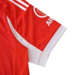 Close-up of the Bayern Munich 2025/26 Home Fan Version jersey sleeve with sponsor and club logo details.