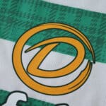 Close-up of the sponsor logo on the Celtic Home 2025/26 Player Version jersey, featuring green hoops.