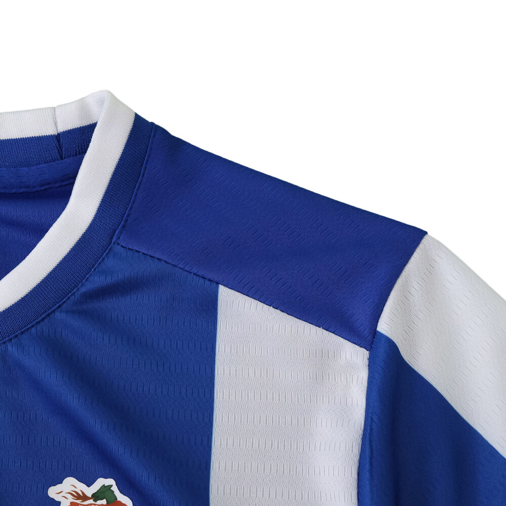 Close-up of the FC Porto 2025/26 Home Fan Version jersey showing blue and white color block and collar detail.