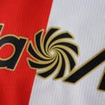 Close-up of Feyenoord Home 2025/26 Fan Version jersey, showing sponsor logo detail on red and white fabric.
