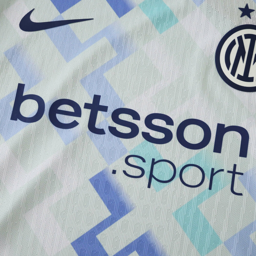 Inter Milan Away 2025/26 Player Version jersey with sponsor and club badge on geometric patterned fabric.