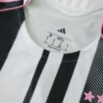 Close-up of Juventus Home 2025/26 Player Version jersey collar with size and Adidas logo visible.