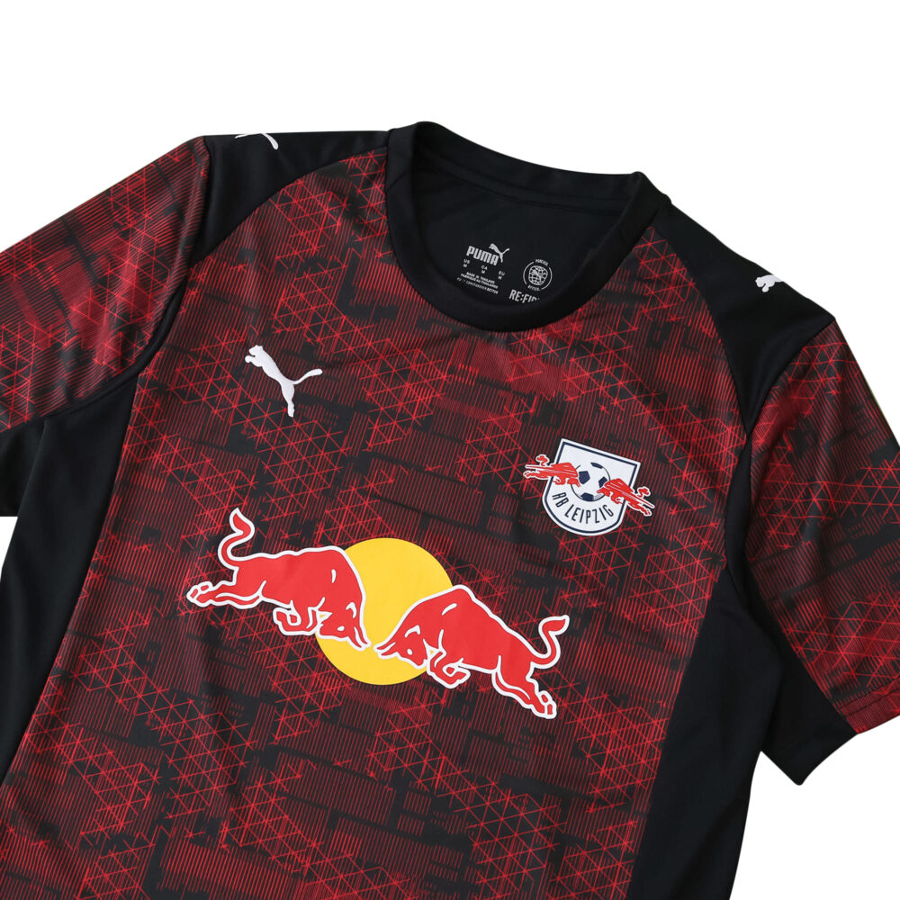 RB Leipzig Third 2025/26 Fan Version jersey featuring red and black pattern, Puma logo, and club crest.