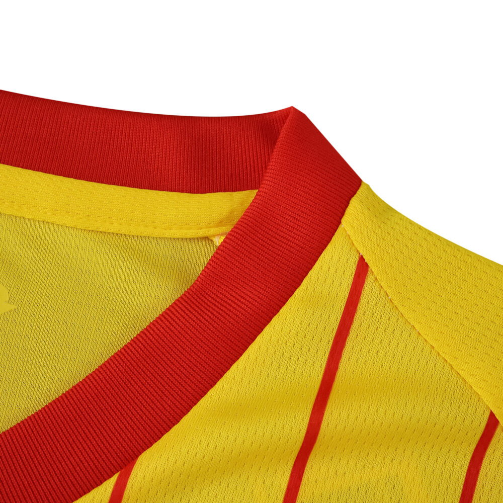 Close-up of RC Lens 2025/26 home fan jersey collar in red with yellow fabric and thin red stripes.
