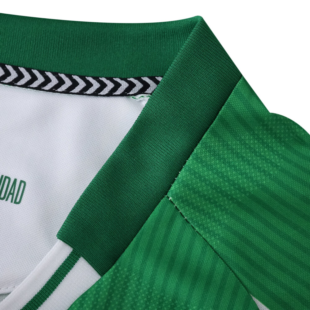 Close-up of the collar and shoulder detail on the Real Betis 2025/26 Home Fan Version jersey.