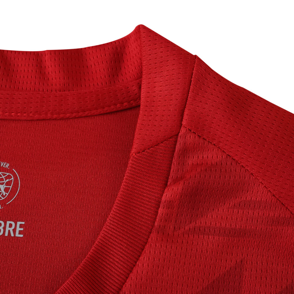 Close-up of the red collar and shoulder detail on the Valencia Away 2025/26 Fan Version jersey.