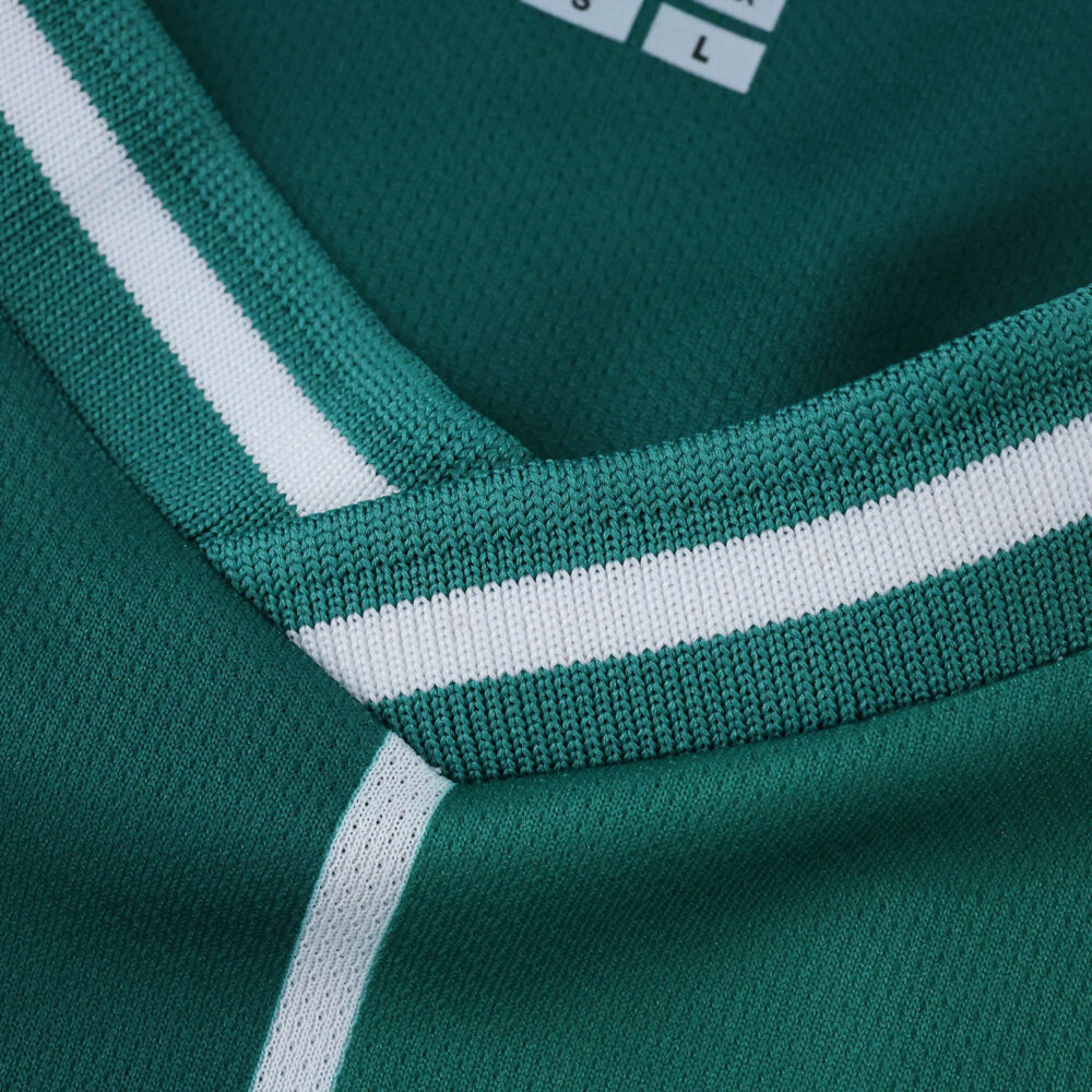 Close-up of Werder Bremen Home 2025/26 Fan Version jersey collar with green and white stripes.