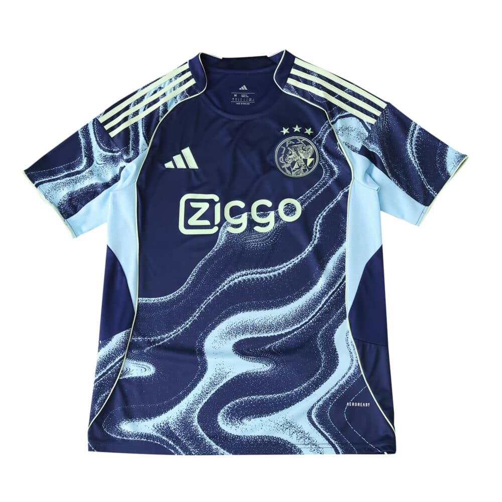 Ajax Away 2025/26 Fan Version jersey in navy blue with light blue abstract wave patterns and Ziggo sponsor logo.