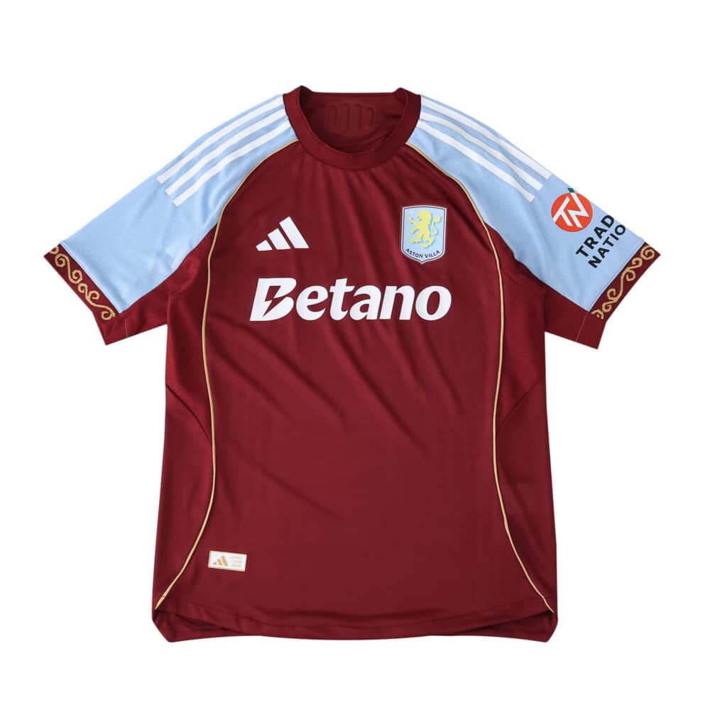 Aston Villa 2025/26 Home Player Version jersey in claret with sky blue shoulders and sponsor logos.