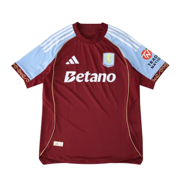 Aston Villa 2025/26 Home Player Version jersey in claret with sky blue shoulders and sponsor logos.