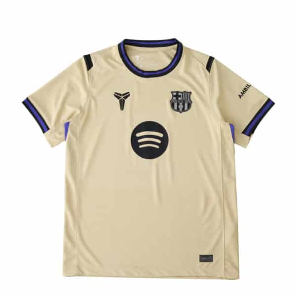 Barcelona Away 2025/26 Fan Version jersey in beige with black accents and sponsor logos.