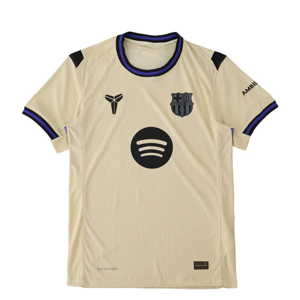 Barcelona Away 2025/26 Player Version jersey in beige with black and purple trim, front logos visible.